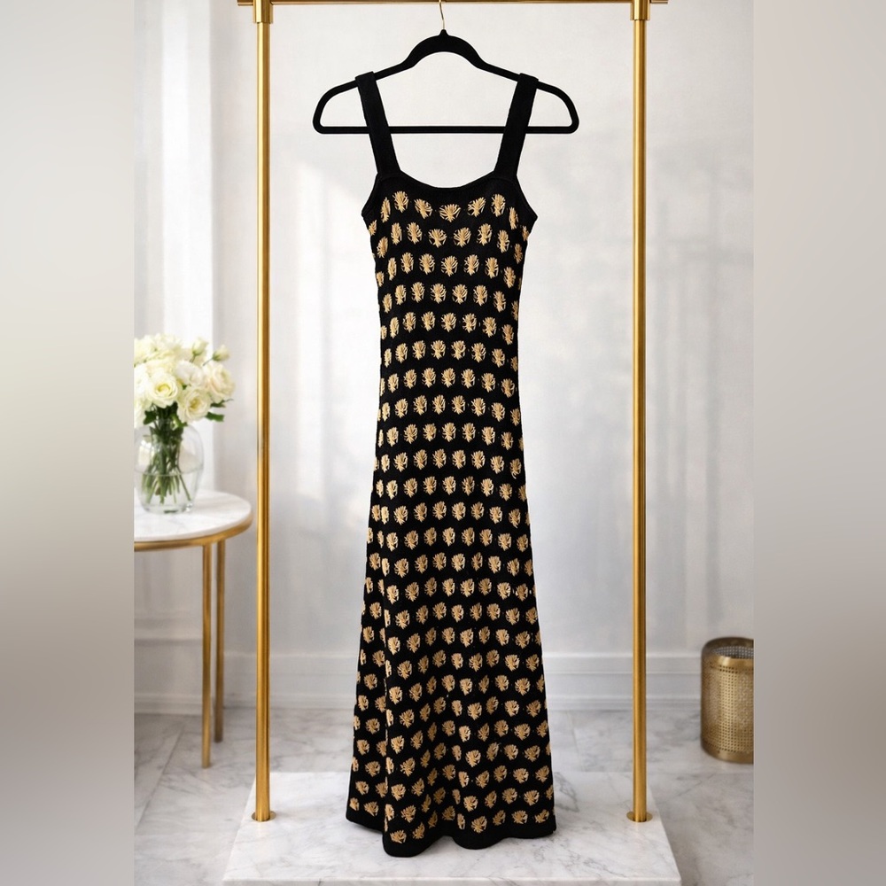 Vintage Style Crochet Knit Maxi Dress Black & Tan Stretch Dress XS/S